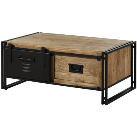 Tavolino da salotto in legno di Mango 120x70x50 laccato chiaro naturale / ferro nero  BLACKBURN 103