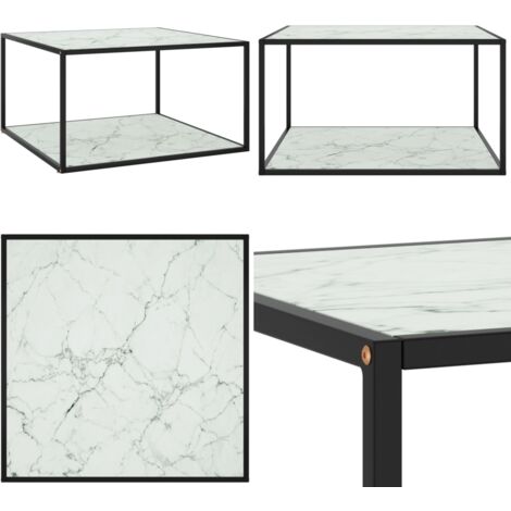 Tavolino da Salotto Nero con Vetro Marmo Bianco 90x90x50 cm - Tavolino da caffè - Tavolo in vetro