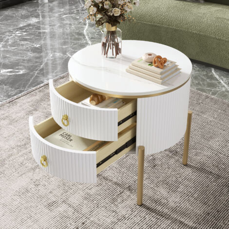 Tavolino da Salotto Rotondo con 2 Cassetti, Piedini Regolabili, Effetto Marmo e Dettagli Oro, in MDF, Bianco, 50 x 50 x 51 cm