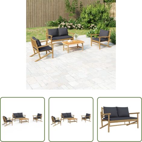 Tavolino da salotto -  Set Salotto da Giardino 4pz con Cuscini Grigio Scuro Bambù