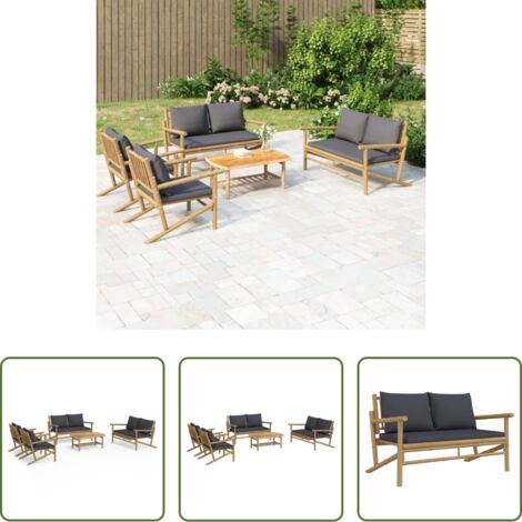 Tavolino da salotto -  Set Salotto da Giardino 5pz con Cuscini Grigio Scuro Bambù