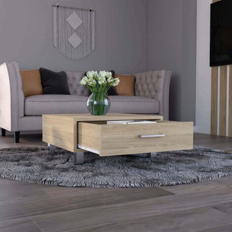Tavolino da soggiorno Beijing con cassetto, altezza 26,3 cm, dimensioni 60 x 60 cm, finitura miele