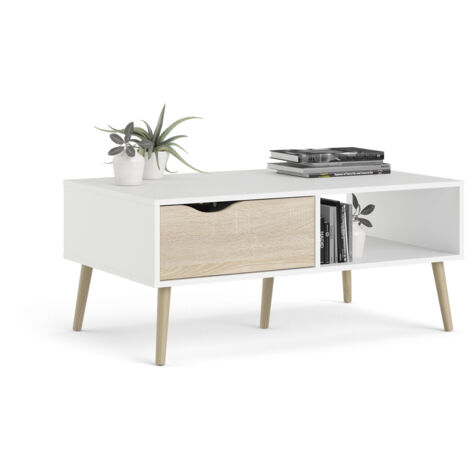tavolino da soggiorno "oslo" bianco con cassetto e gambe quercia, 98,7x60,2x43,3 cm