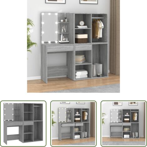 Tavolino da trucco con LED -  Toeletta con LED e Armadietti Grigio Sonoma Legno Multistrato