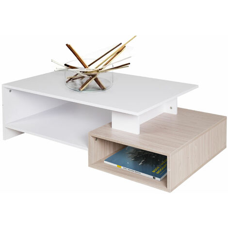 Tavolino Divano Salotto Rettangolare Design Moderno Legno 4 Ripiani Bianco Oak