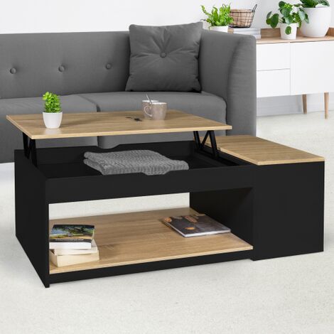 Tavolino ELEA sollevabile con scatola in legno nero e finitura in faggio