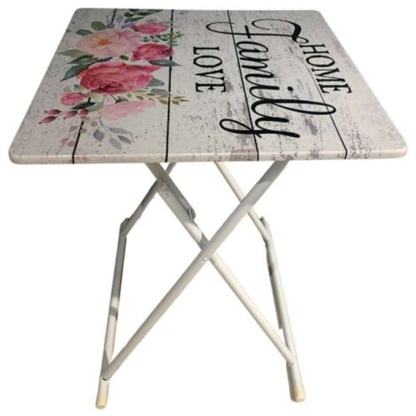 Tavolino Family Love pieghevole shabby - 60 x 60 x 73 cm - Bianco e rosa