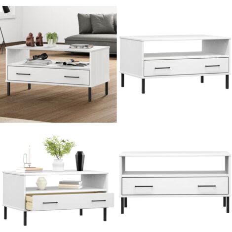 Tavolino Gambe Metallo Bianco 85x50x45 cm Legno Massello OSLO - Tavolino in legno - Tavolino in legno massello
