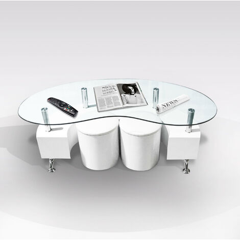 TAVOLINO IN LAMINATO BIANCO LARICE E PIANO IN VETRO CM 130X70 H. 45 CON 2 POUFF