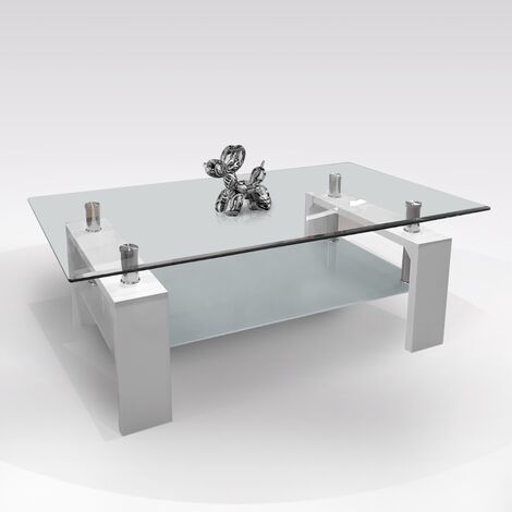 TAVOLINO IN LAMINATO BIANCO LUCIDO E PIANO IN VETRO CM 110X60 H. 40