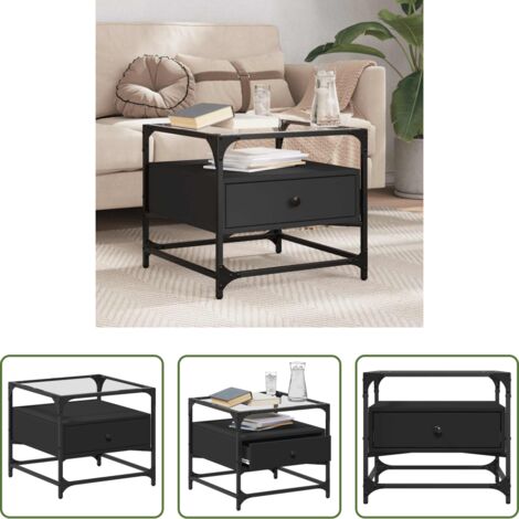 Tavolino in vetro -  Tavolino con Piano in Vetro Nero 50x50x45 cm Acciaio