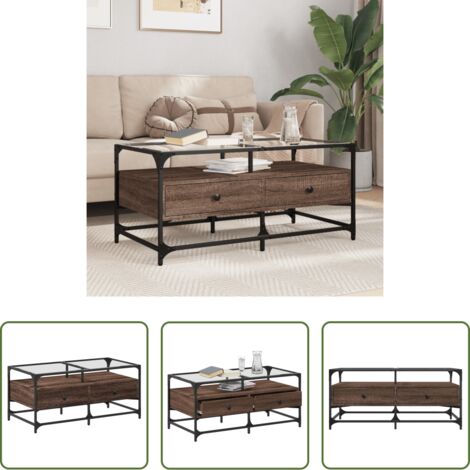 Tavolino in vetro -  Tavolino con Piano in Vetro Rovere Marrone 98,5x50x45cm Acciaio