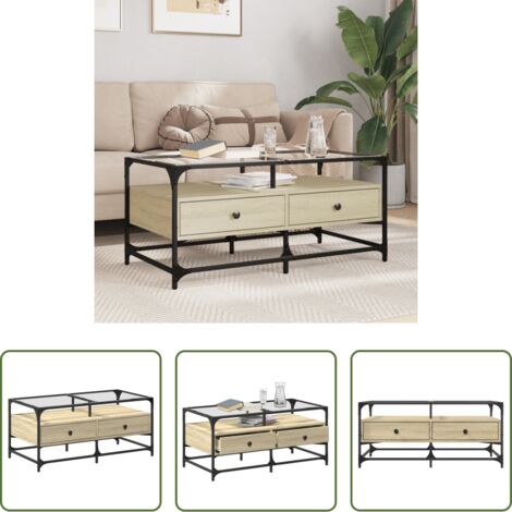 Tavolino in vetro -  Tavolino con Piano in Vetro Rovere Sonoma 98,5x50x45 cm Acciaio