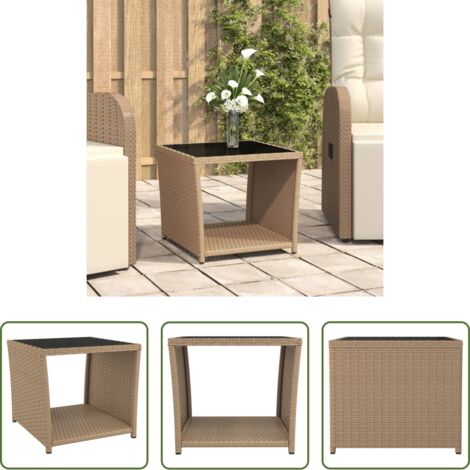 Tavolino in vetro temperato - Tavolino con Piano Vetro Beige in Polyrattan e Vetro Temperato