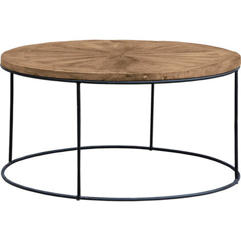 Tavolino Industriale Rotondo Pärumm Nege 90x90x45 cm in Legno di Olmo Riciclato e Ferro