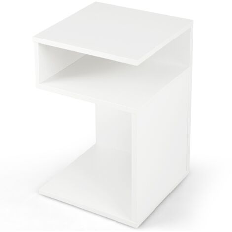 Tavolino laterale a forma di S per piccoli spazi per soggiorno, Tavolino per divano con 2 scomparti aperti Bianco