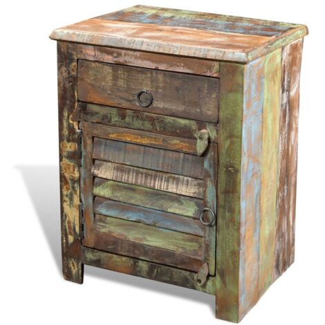 Tavolino Laterale con 1 Cassetto e 1 Anta in Legno di Recupero