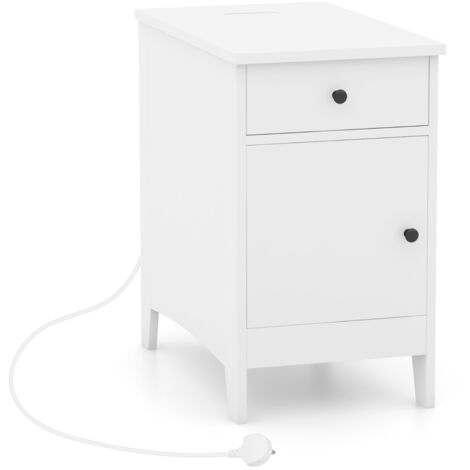 Tavolino laterale con stazione di ricarica cassetto, Tavolino di stoccaggio con porte USB e prese per soggiorno Bianco
