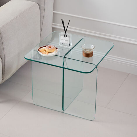 Tavolino laterale in vetro temperato 45x45x51 cm, tavolino trasparente, per interni/esterni