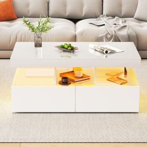 Tavolino LED con contenitore e doppio cassetto – 104x53x46 cm – Stile contemporaneo – Laccato bianco