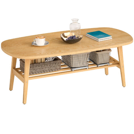 Tavolino moderno da salotto, basso, con ripiano a giorno e gambe in legno, portata massima 100 kg, dimensioni 120x60x42 cm, colore naturale.
