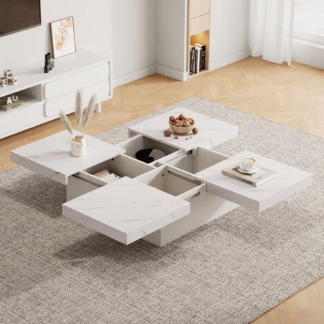 OKWISH Tavolino moderno quadrato effetto marmo bianco, 90 x 90 x 25 cm - quattro cassetti, piano scorrevole, portata fino a 30 kg