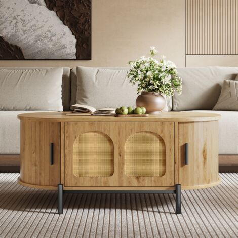 Tavolino ovale 100x50x40 cm con ante scorrevoli e vano contenitore, in MDF effetto legno e rattan naturale