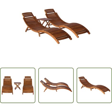 Tavolino pieghevole -  Lettino Prendisole 3 pz con Tavolino in Legno Massello d'Acacia