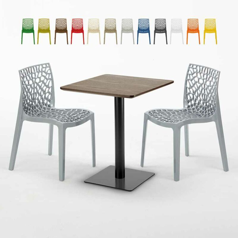 Table carrée 60x60 pied noir et surface bois avec 2 chaises colorées Gruvyer Kiss | Couleur: Gris