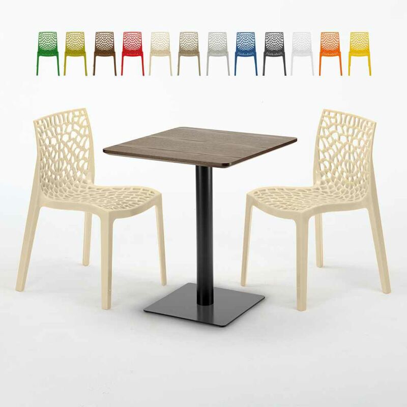 Table carrée 60x60 pied noir et surface bois avec 2 chaises colorées Gruvyer Kiss | Couleur: Beige