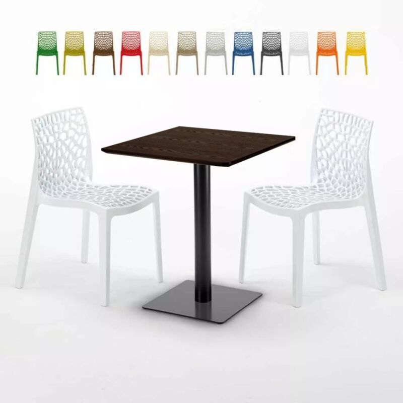 Table carrée 60x60 pied noir et surface bois avec 2 chaises colorées Gruvyer Kiss | Couleur: Blanc