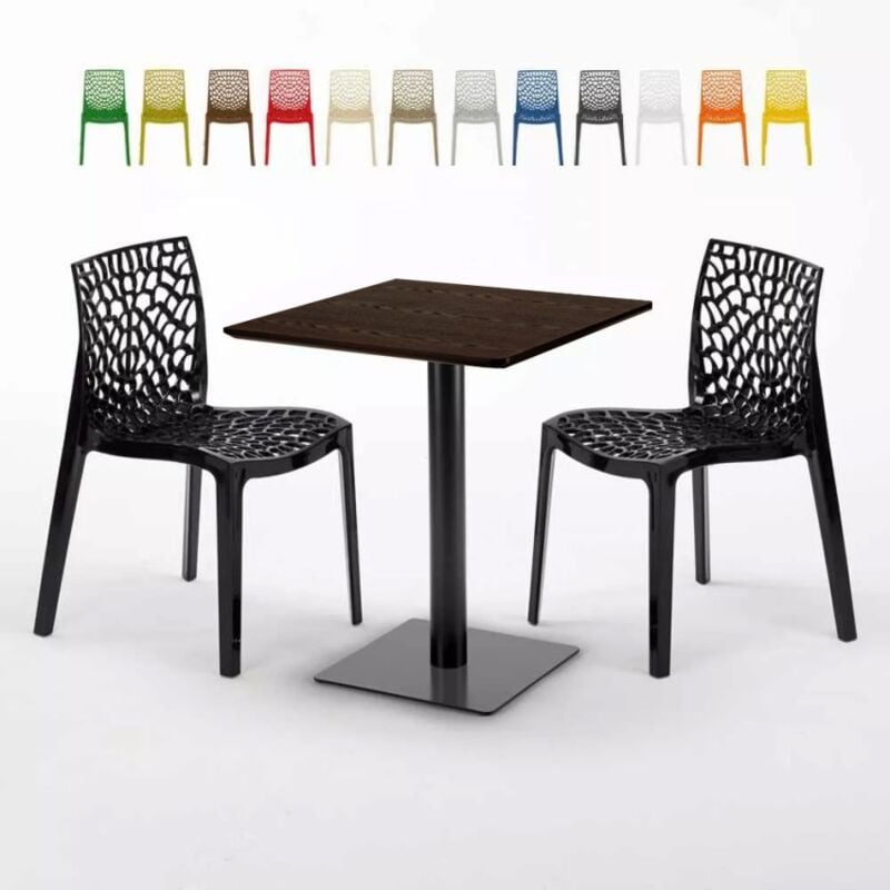Table carrée 60x60 pied noir et surface bois avec 2 chaises colorées Gruvyer Kiss | Couleur: Noir