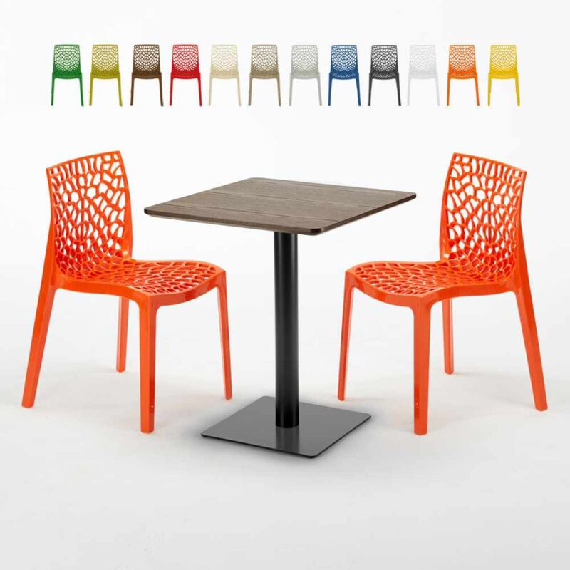 Table carrée 60x60 pied noir et surface bois avec 2 chaises colorées Gruvyer Kiss | Couleur: Orange