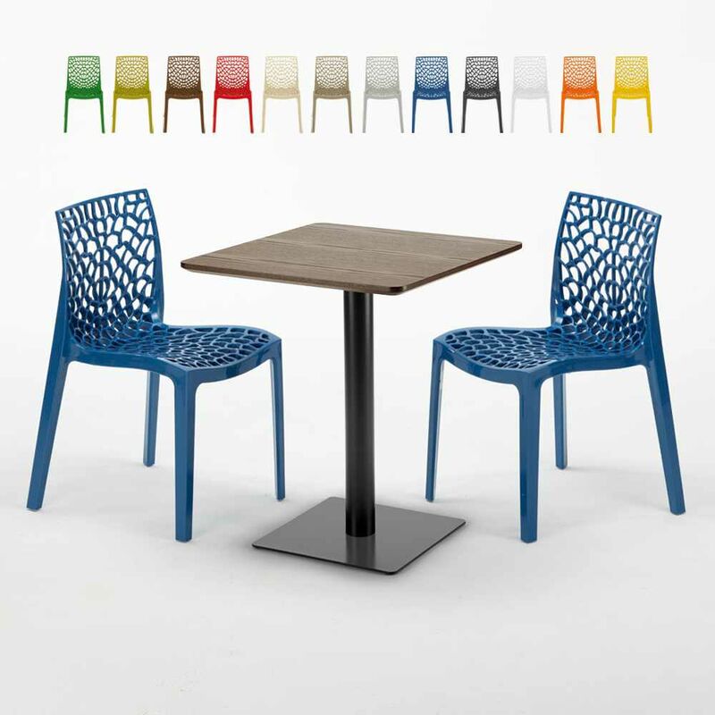 Table carrée 60x60 pied noir et surface bois avec 2 chaises colorées Gruvyer Kiss | Couleur: Bleu