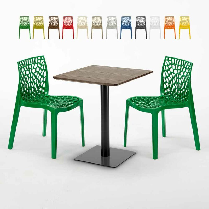 Table carrée 60x60 pied noir et surface bois avec 2 chaises colorées Gruvyer Kiss | Couleur: Vert