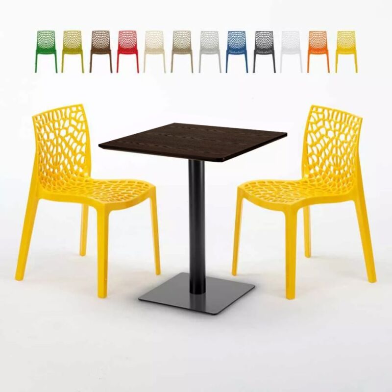 Table carrée 60x60 pied noir et surface bois avec 2 chaises colorées Gruvyer Kiss | Couleur: Jaune