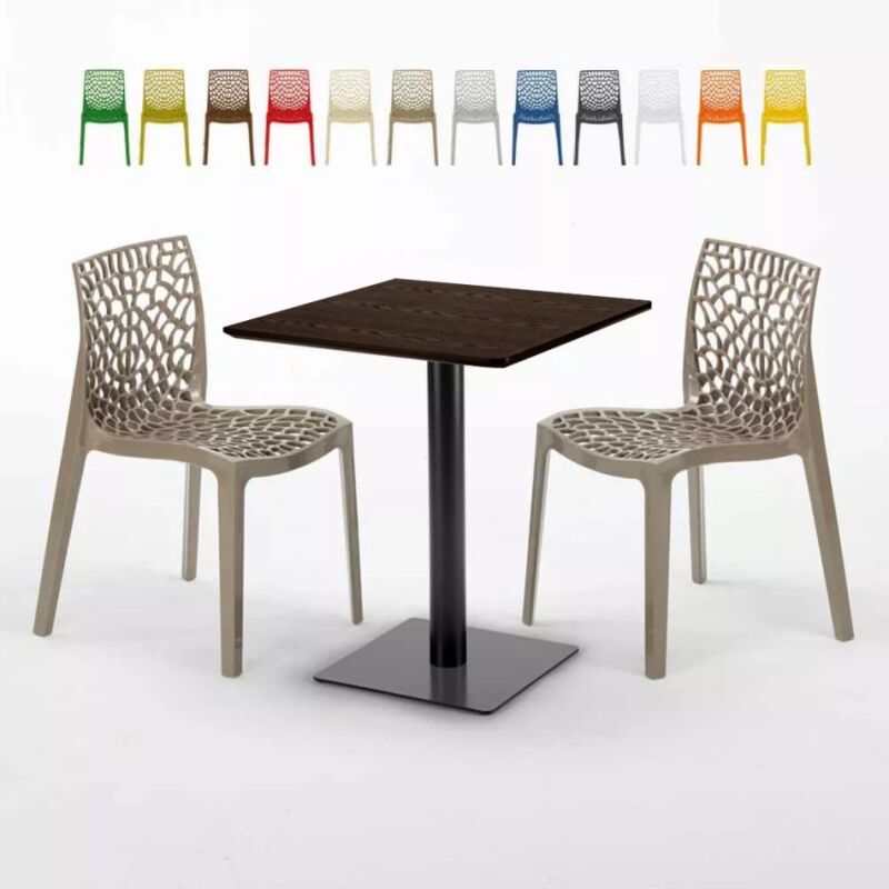 Table carrée 60x60 pied noir et surface bois avec 2 chaises colorées Gruvyer Kiss | Couleur: Beige Juta