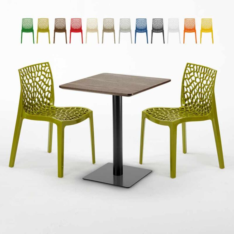 Table carrée 60x60 pied noir et surface bois avec 2 chaises colorées Gruvyer Kiss | Couleur: Anis vert
