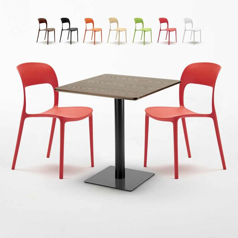 Table carrée 60x60 pied noir et plateau bois avec 2 chaises colorées Restaurant KISS | Rouge - AHD AMAZING HOME DESIGN