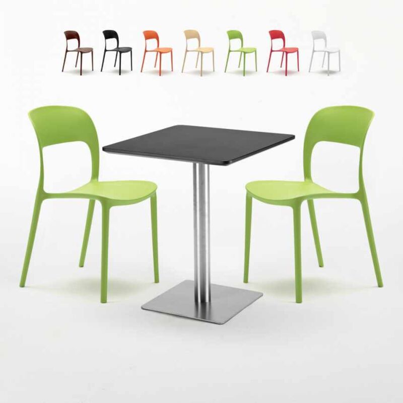 

Mesa Cuadrada 60x60 cm Base de Acero y Tablero Negro y 2 Sillas De Colores Restaurant Pistachio | Verde