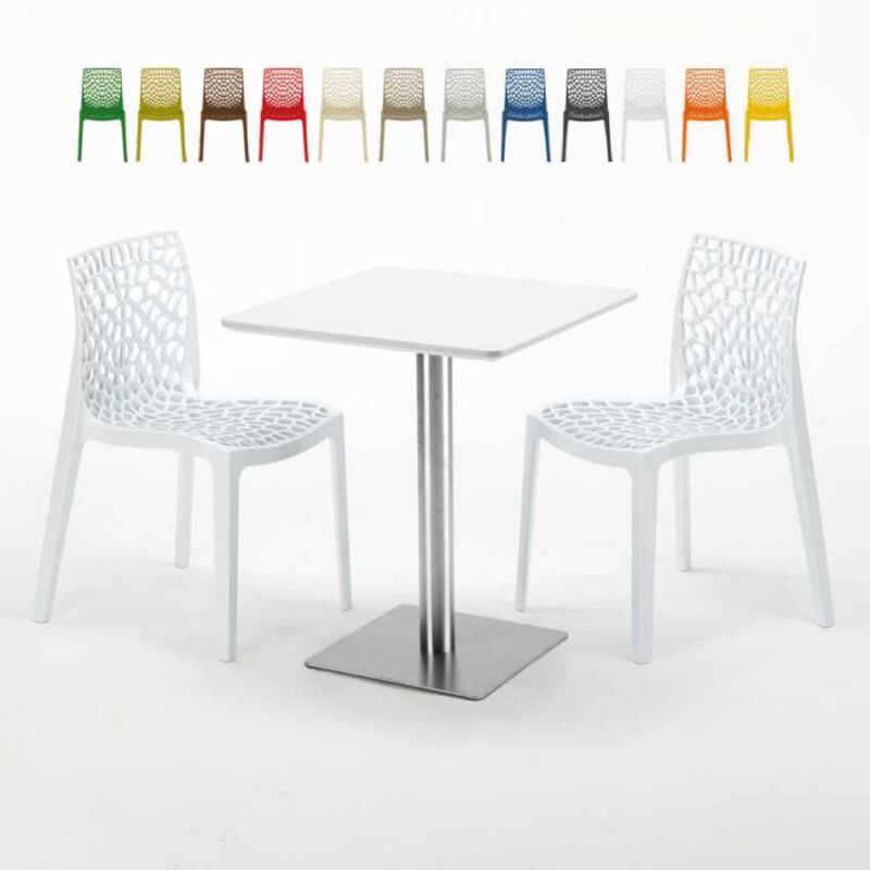 Table carrée 60x60 plateau blanc avec 2 chaises colorées Gruvyer Hazelnut | Blanc - GRAND SOLEIL