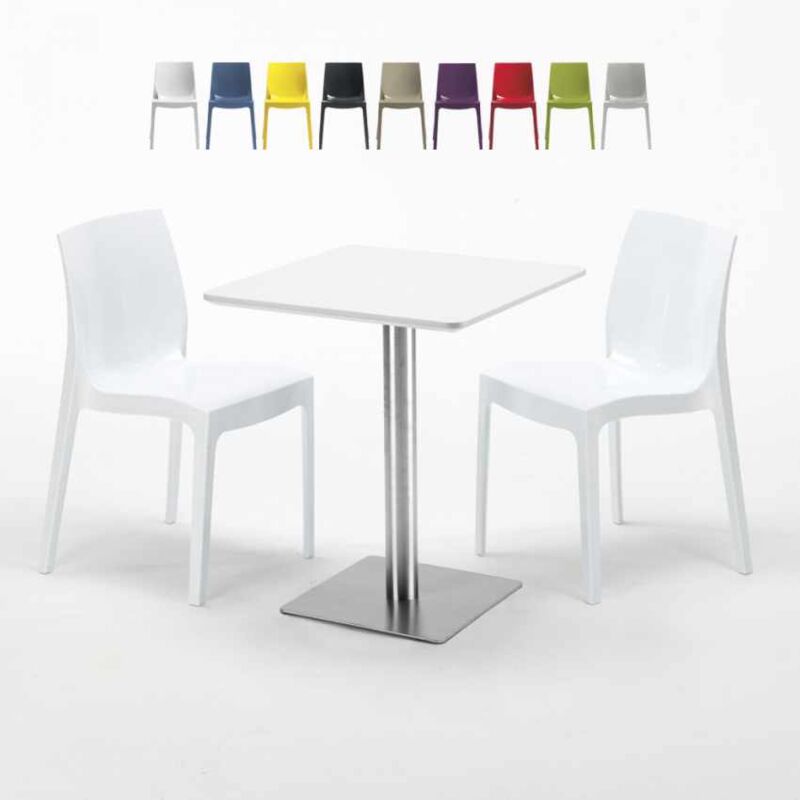 Table carrée 60x60 plateau blanc avec 2 chaises colorées Ice Hazelnut | Blanc - GRAND SOLEIL