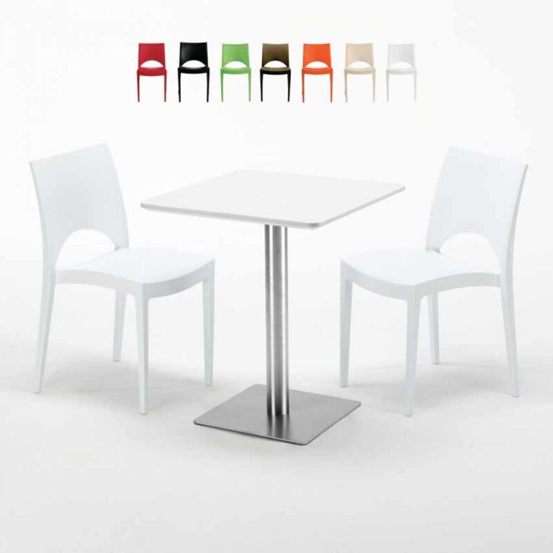 Table carrée 60x60 plateau blanc avec 2 chaises colorées Paris Hazelnut | Blanc - GRAND SOLEIL