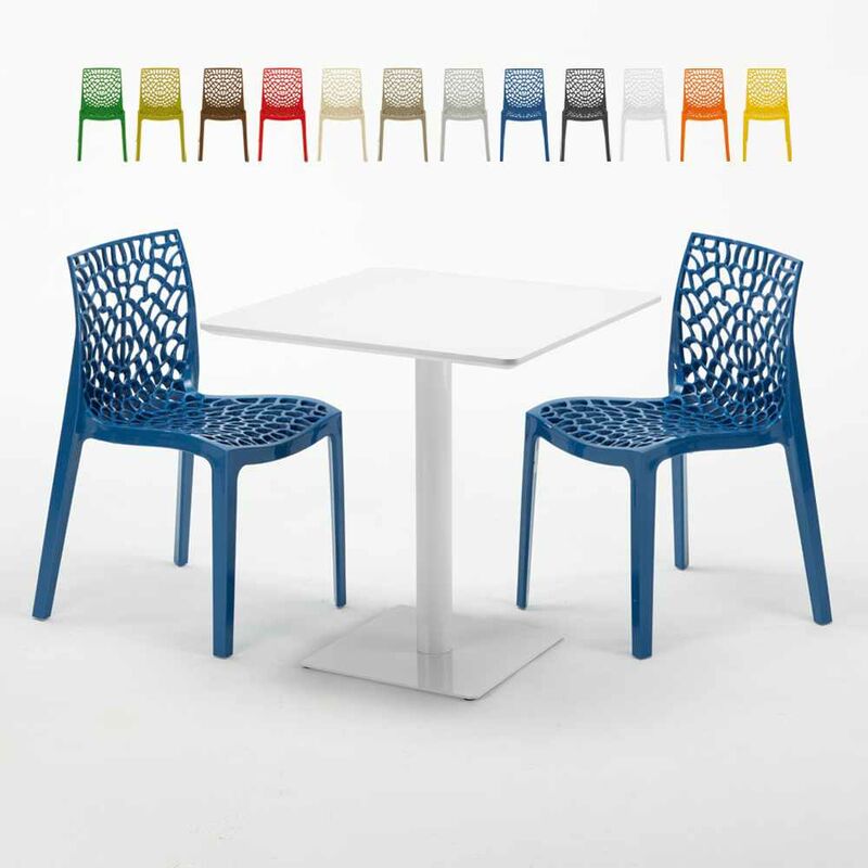 Table carrée 70x70 blanche avec 2 chaises colorées Gruvyer Meringue Couleur: Bleu