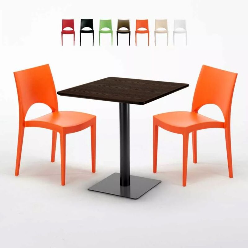 

Mesa Cuadrada 70x70 cm Efecto Madera y 2 Sillas De Colores Paris Melon | Color: Naranja