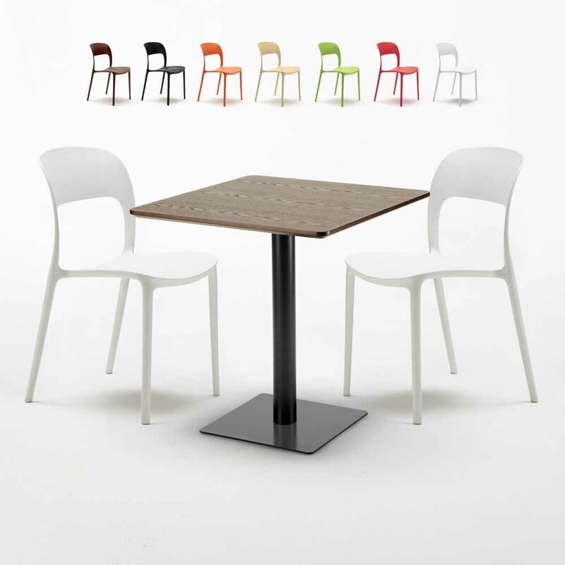 Table 70x70 effet bois + 2 chaises colorées Restaurant Melon Couleur: Blanc