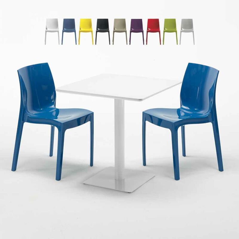 Table carrée 70x70 blanche avec 2 chaises colorées Ice Meringue Couleur: Bleu