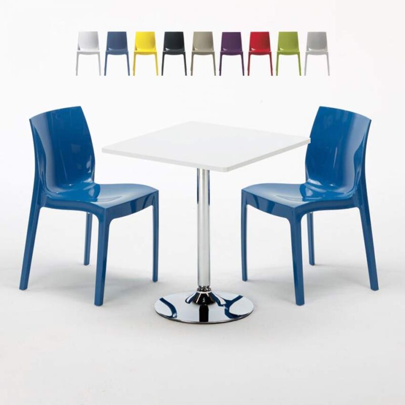 

Mesa Cuadrada Blanca 70x70 cm con Base de Acero y 2 Sillas De Colores Ice Cocktail | Color: Azul Marino