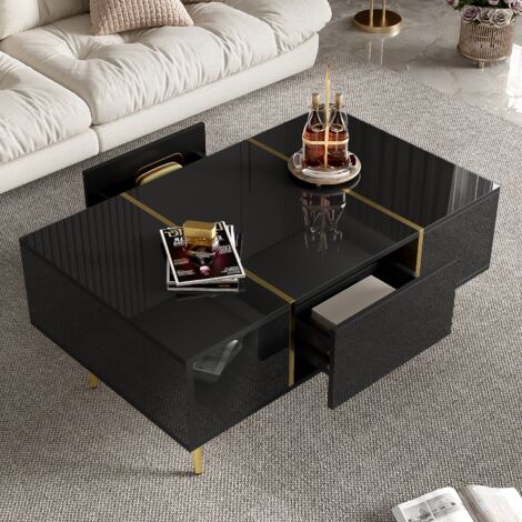 Tavolino rettangolare 100x60 cm, laccato nero lucido con 2 cassetti, tavolino da divano, MDF e metallo color oro