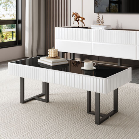 Tavolino rettangolare - 110x50x5x41 cm - tavolino da salotto - piano nero lucido - bianco e nero